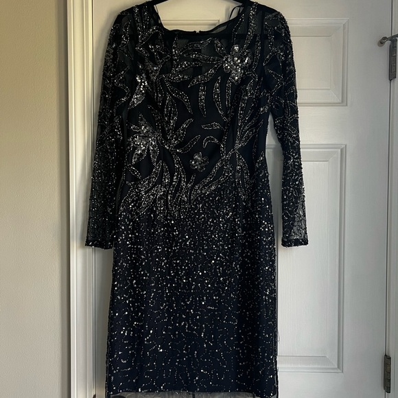 Adrianna Papell Long Sleeve Sequined Beaded Mesh Dress-Midnight Short - Picture 4 of 10